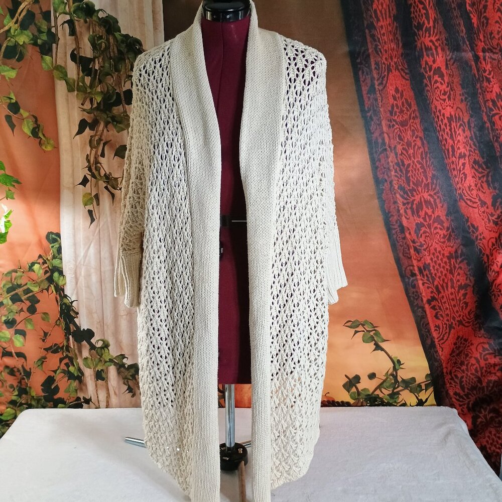 Lucky Brand Sz 1X Cream Open Knit Boho Long Duster Cardigan